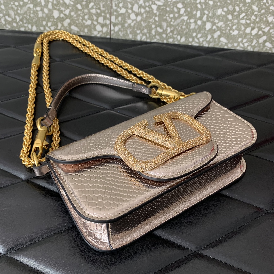 Valentino Garavani Loco Small Shoulder Bag in Gold Snake Grain Calfskin Leather 